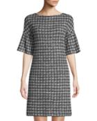 Lame Soft-plaid Tweed Flutter-sleeve Dress