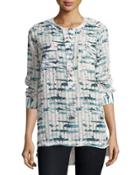 Printed Button-front Henley Top, Cream/multi