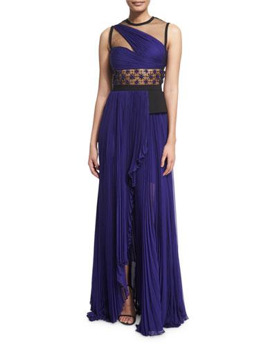 Sleeveless Illusion One-shoulder Gown, Imperial Blue