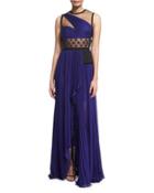Sleeveless Illusion One-shoulder Gown, Imperial Blue