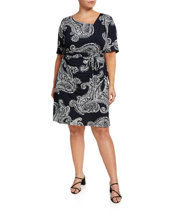 Plus Size Puff Foil Interlock Knit Paisley Wrap Dress