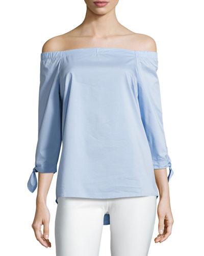 Off-the-shoulder Woven Blouse, Blue