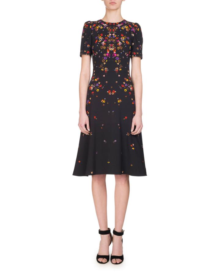 Anna Pansy-print Midi Dress,