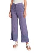 Chateau Linen Pants W/ Floral-embroidered Hem