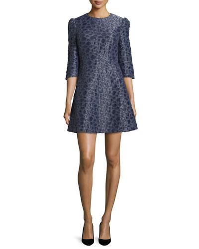 3/4-sleeve Textured Mini Dress, Navy