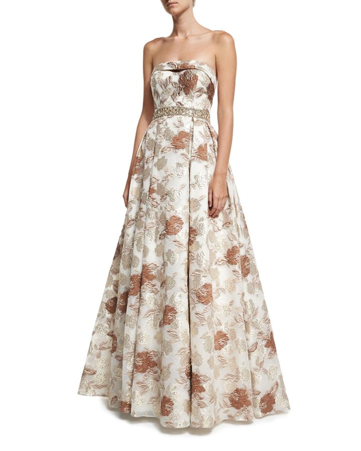 Brocade Cuffed Strapless Bustier Embellished Evening Gown