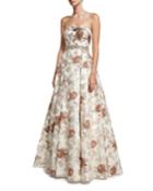 Brocade Cuffed Strapless Bustier Embellished Evening Gown