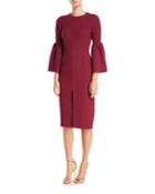 Bell-sleeve Slit-front Sheath Cocktail Dress, Black Currant
