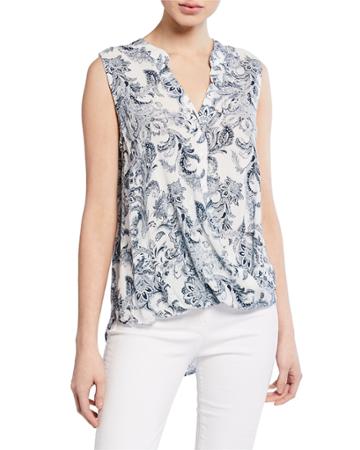 Paisley-print Asymmetrical Sleeveless Button Front Top