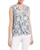 Paisley-print Asymmetrical Sleeveless Button Front Top