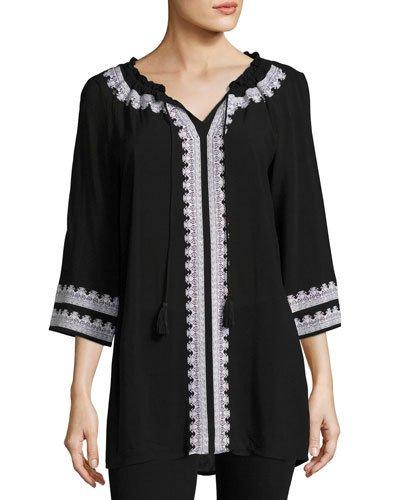 Embroidered 3/4-sleeve Tunic, Black/white