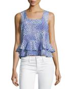 Leopard Fever Ruffled Tank, Blue Crush