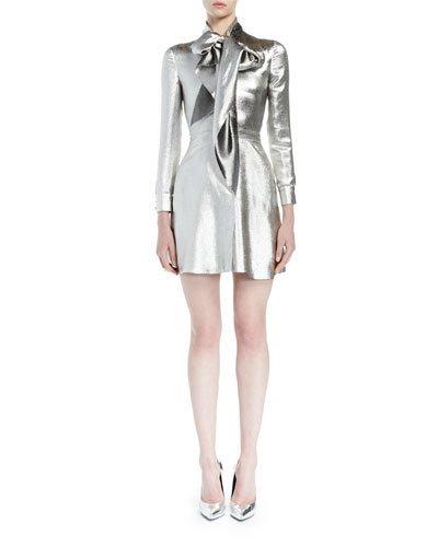 Silk Lam&eacute; Tie-neck Mini Dress,