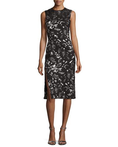 Metallic Floral-print Sheath Dress, Black/silver