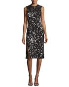 Metallic Floral-print Sheath Dress, Black/silver