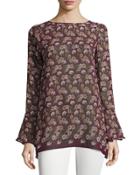 Floral-print Long-sleeve Top, Royal Purple/army