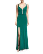 Sleeveless Lattice Cross-back Column Gown, Forest