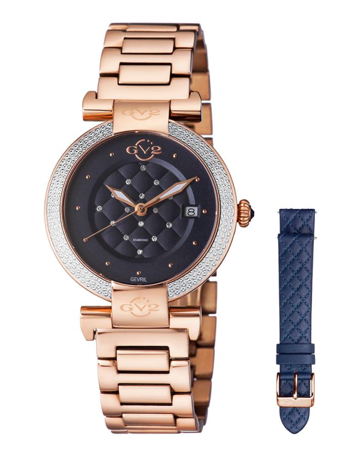 37mm Berletta Quilted Diamond Bracelet Watch, Rose/blue