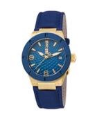 34mm Rock Watch W/ Leather Strap, Yellow Golden/blue