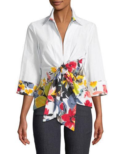 Floral-border Tie-front Blouse