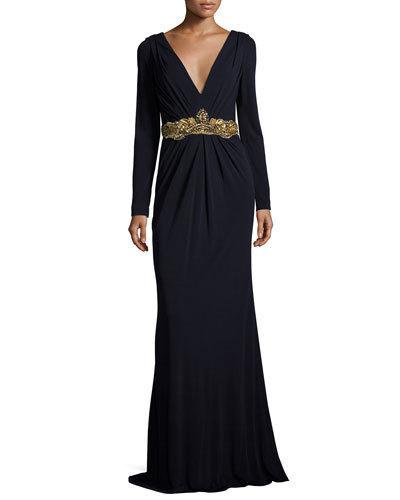 V-neck Jewel-waistband Jersey Gown, Navy