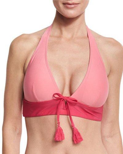Two-tone V-wire Halter Bikini Top With Tassels, Pink