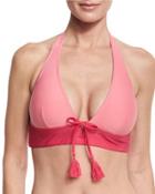 Two-tone V-wire Halter Bikini Top With Tassels, Pink