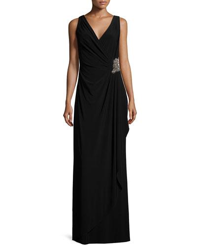 Sleeveless Faux-wrap Draped Dress W/ Beaded