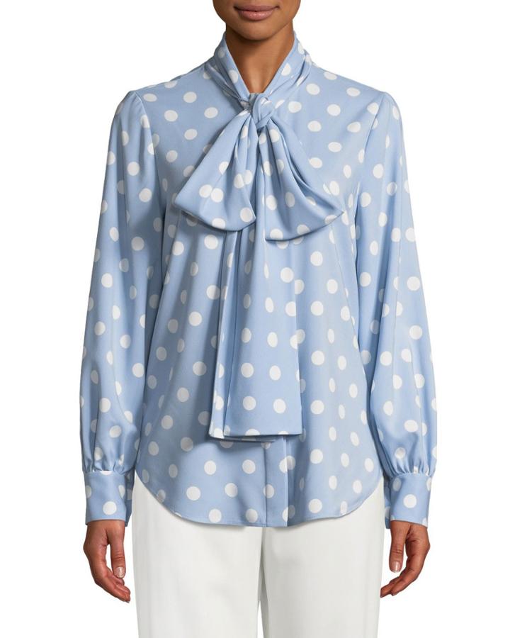 Polka-dot Tie-neck Button Front Blouse