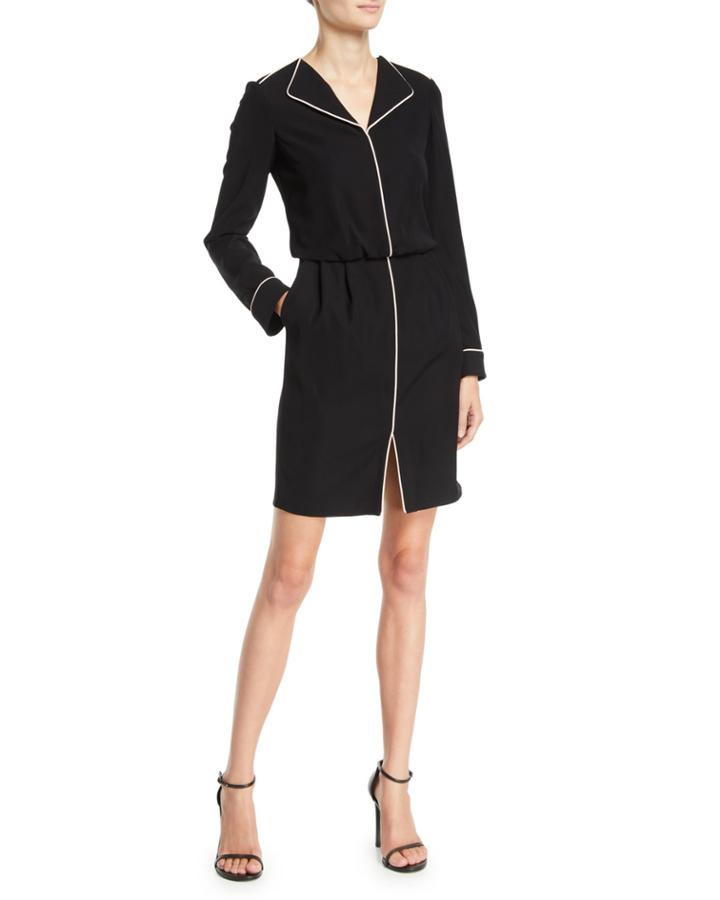 Long-sleeve Woven Dress W/ Contrast Piping