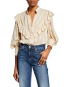 Eyelet Pouf-sleeve Shirt With Ruffled Yoke