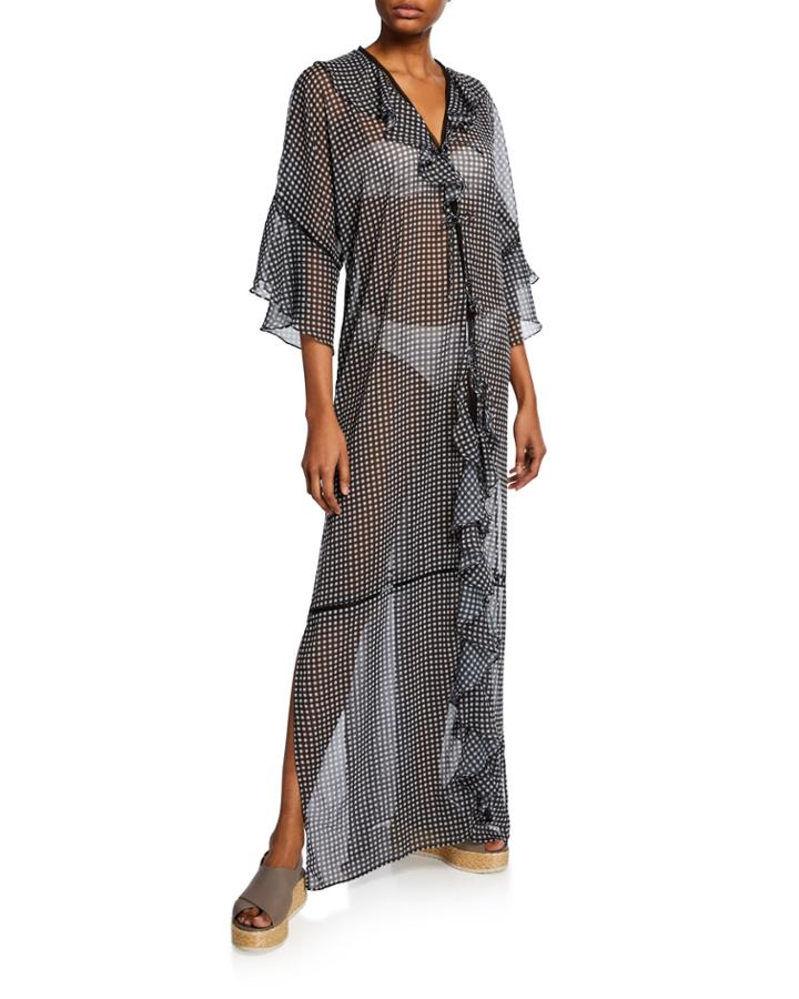 Gingham Ruffle Long Coverup Robe