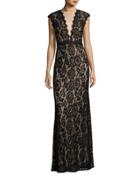 Illusion-neck Lace Sequined Gown, Black