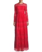 Lace Striped Long-sleeve Gown, Red