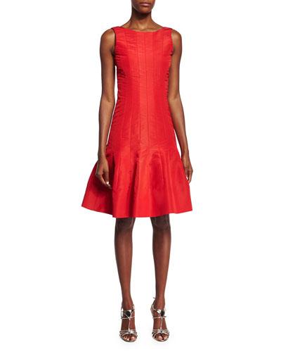 Sleeveless Flounce-hem Dress, Cardinal