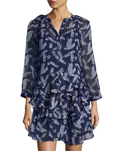 Printed Ruffle Dress, Navy