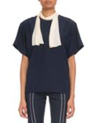 Short-sleeve Contrast Scarf-tie Blouse