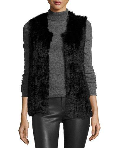 Rabbit Fur Knit Long Sleeveless Vest, Black