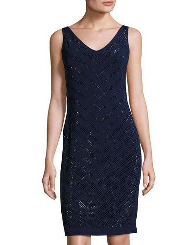 Chevron Studded V-neck Dress, Navy