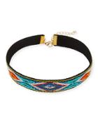 Embroidered Choker Necklace, Blue/orange/multi