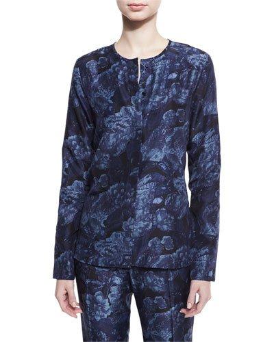 Davidson Long-sleeve Floral Silk Blouse, Royal/black
