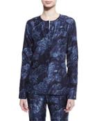 Davidson Long-sleeve Floral Silk Blouse, Royal/black