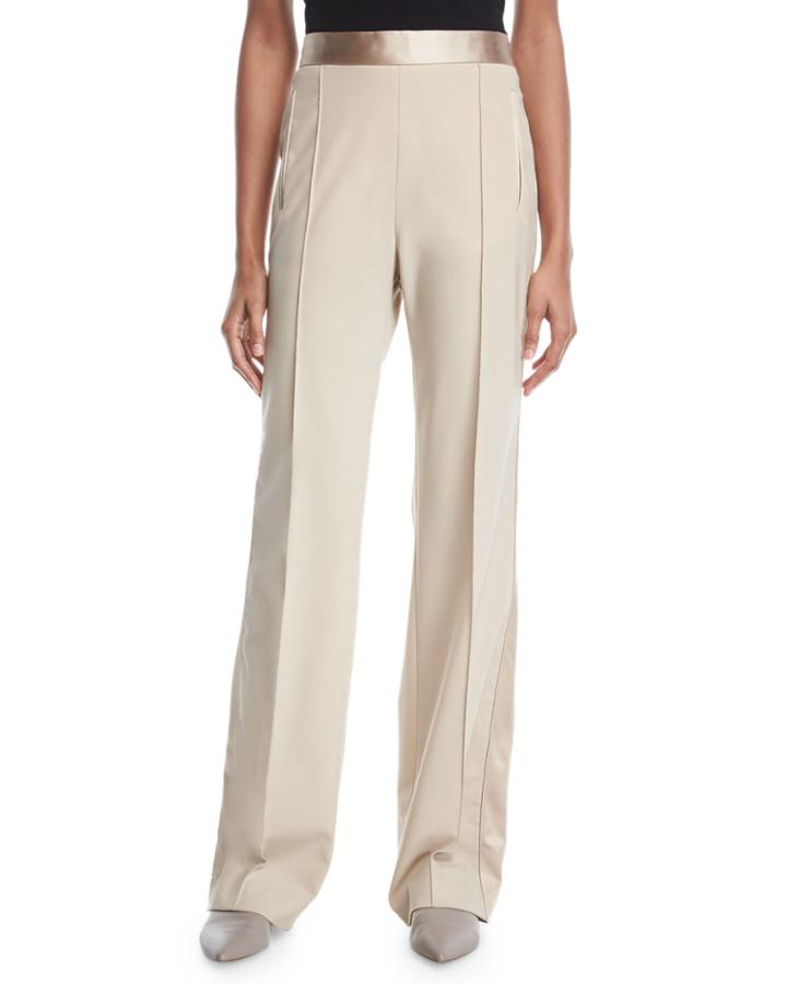 Pintuck High-waist Stretch-wool Poplin Tuxedo Track Pants
