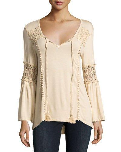 Tie-neck Crochet-inset Top, Beige