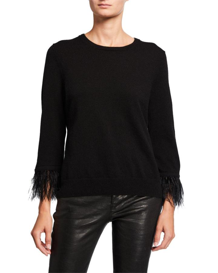 Cashmere Sweater W/ Ostrich Feather Trim