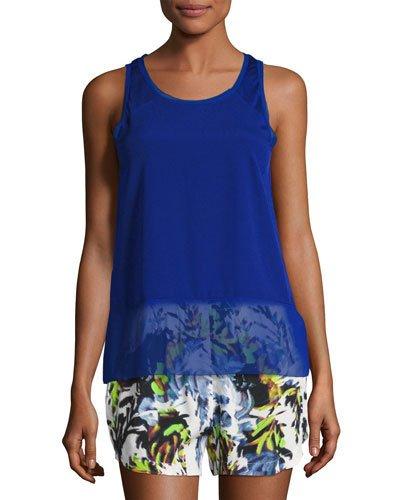 Satin-inset Raw-edge Chiffon Tank, Blue