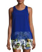 Satin-inset Raw-edge Chiffon Tank, Blue