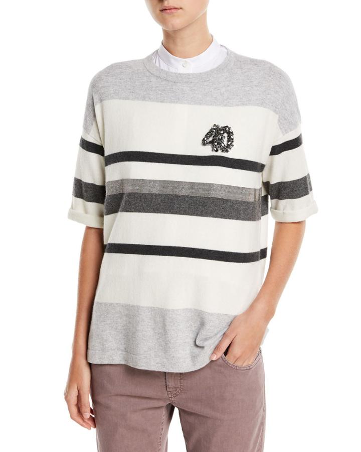 Crewneck Striped 2-ply Cashmere Top