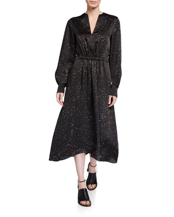Constellation-print Satin V-neck Long-sleeve Dress