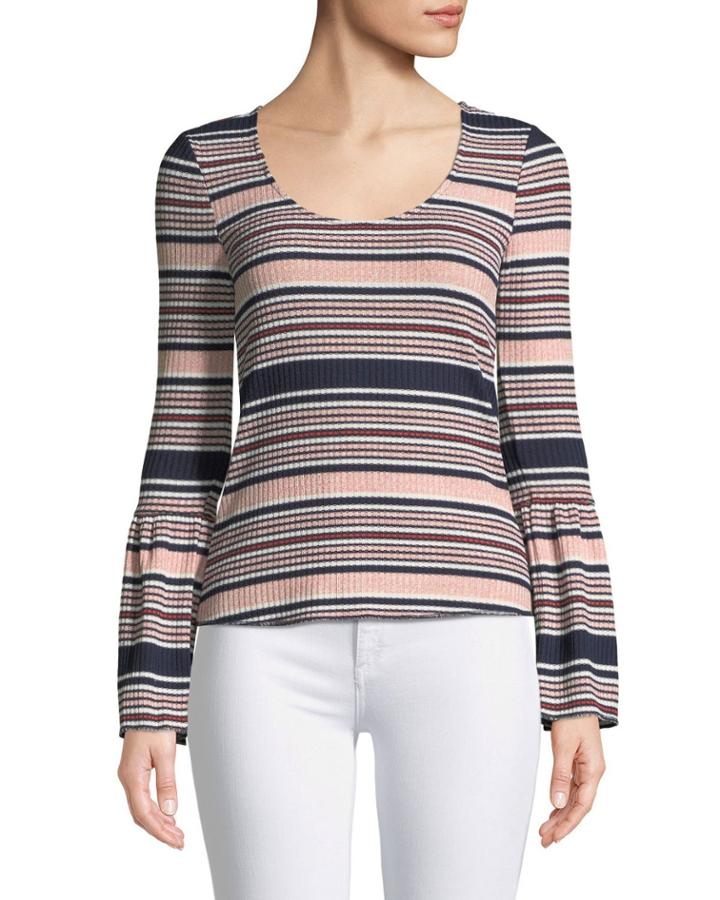 Scoop-neck Bell-sleeve Striped Knit Top